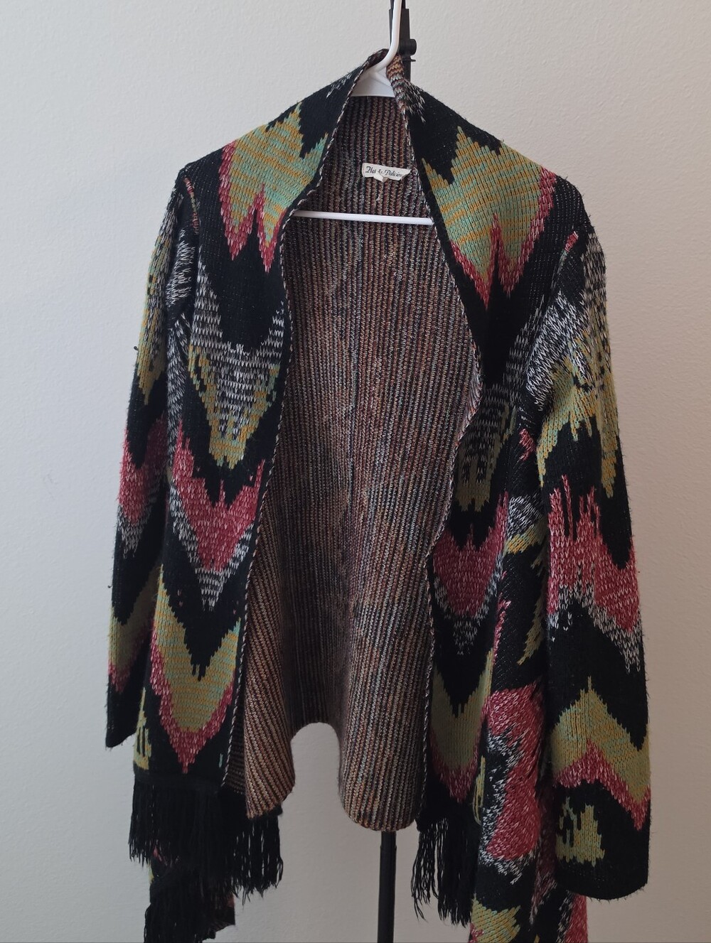 Boho Western Aztec Print Shawl Assymetrical Knit Colorful Cardigan